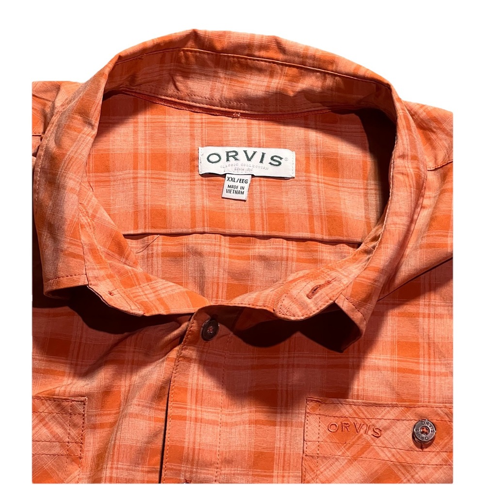 Orvis Shirt Mens XXL Plaid Orange Buttoned Short Sleeve Vents Fishing Cabincore